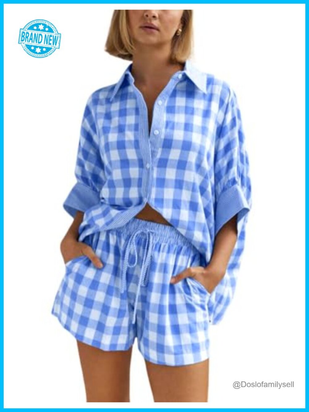 Plaid 2 Piece Shorts Set Cotton Blend Button Down Shirt Wide Leg Shorts